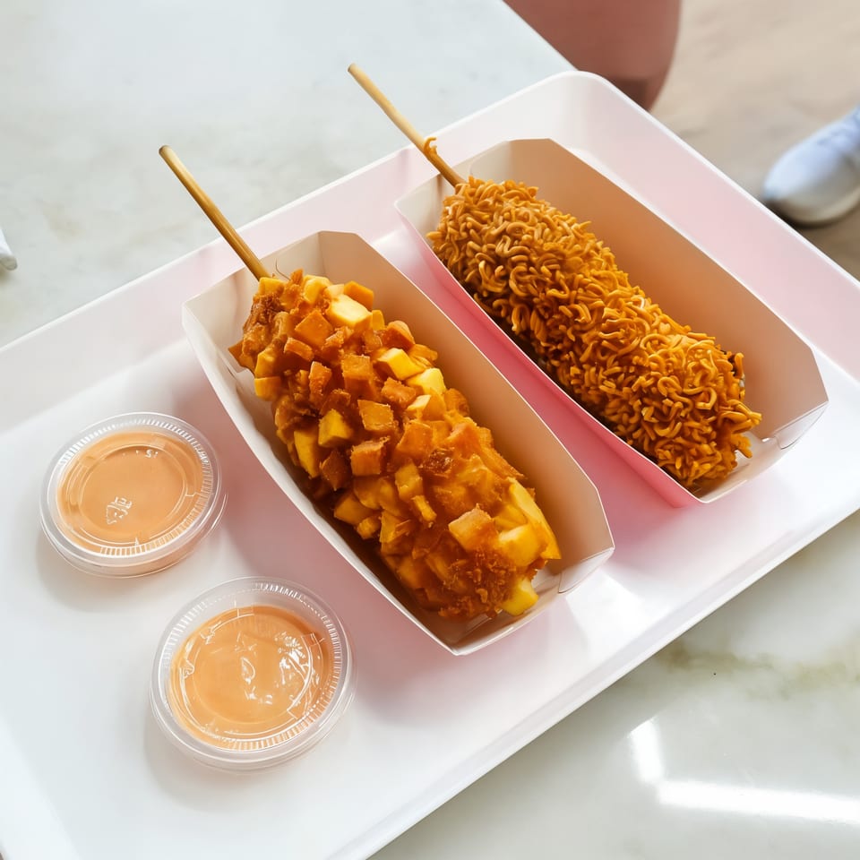 Two Korean corn dogs, one with cubed potatoes and one with ramen, on a white tray with sauces.