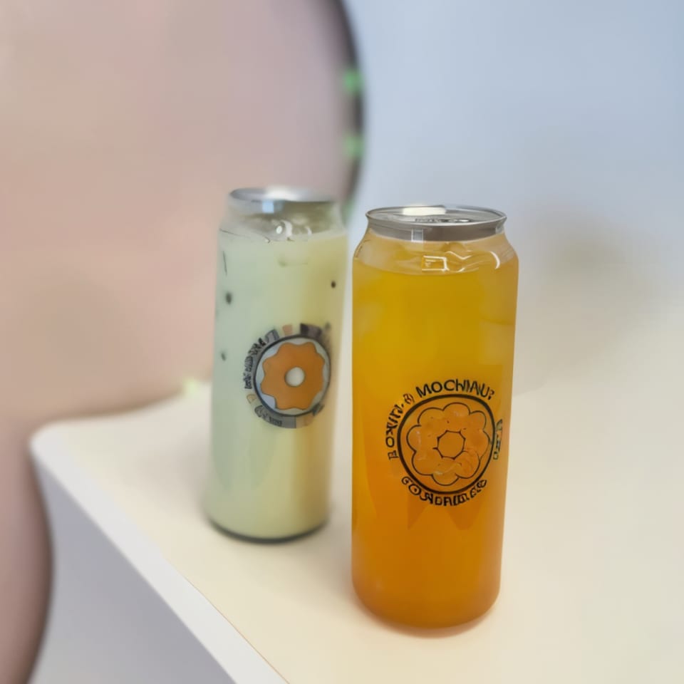 Two canned drinks, one light green and one orange, with Love Me Mochi branding on a white surface.